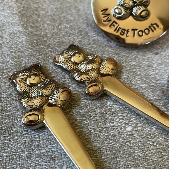 VTG boxed silver plate 4 pc baby gift set Teddy Bear Roth & curl box Spoon Fork - Picture 5 of 10